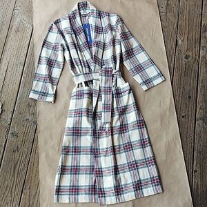 NWT Sleepy Jones Brished Cotton Twill Plaid Robe Small Camel Red Green